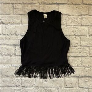Sweaty Rocks Black Fringe Trim Hem Racerback Sleeveless Crop Tank Top Crew Neck